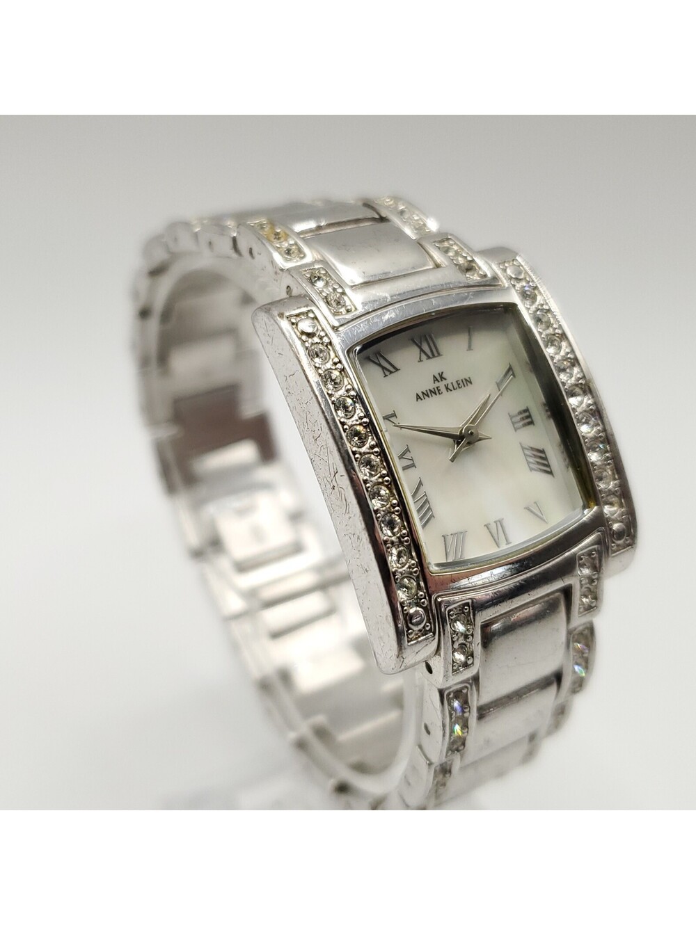Anne Klein Watch Women 24mm New Battery Silver Tone Rhinestone Roman Numerals